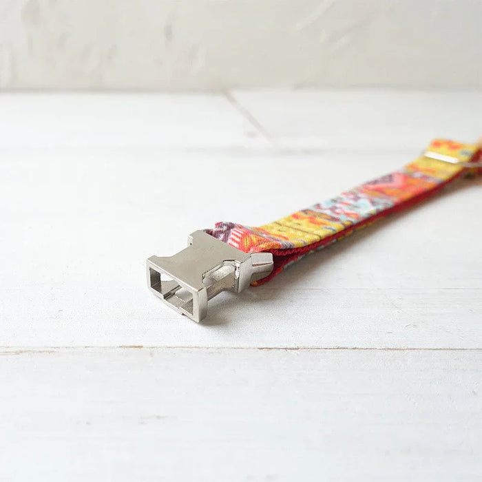Colorful patterned dog collar with metal buckle on white wood surface