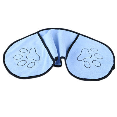 Light blue pet grooming towel with black trim and paw print embroidery