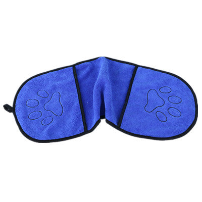 Blue microfiber pet drying towel with paw print design and black trim.