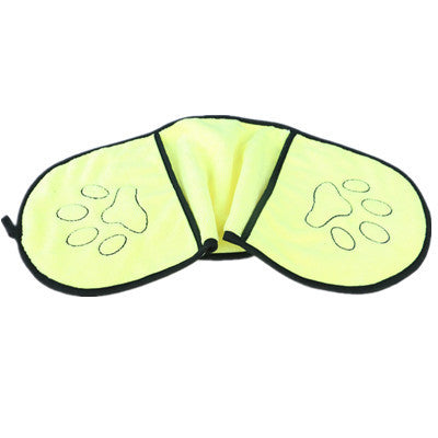 Yellow absorbent pet paw towel with black trim and paw print design
