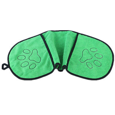 Green microfiber pet grooming towel with black paw print embroidery.