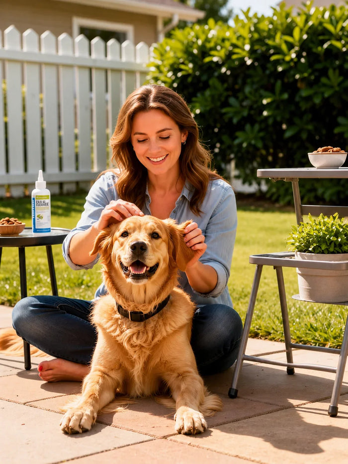 Woman petting happy golden retriever outdoors with dog care products nearby