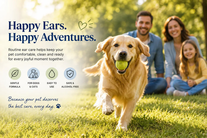 Golden retriever playing with tennis ball in grass, happy family background, pet ear care ad