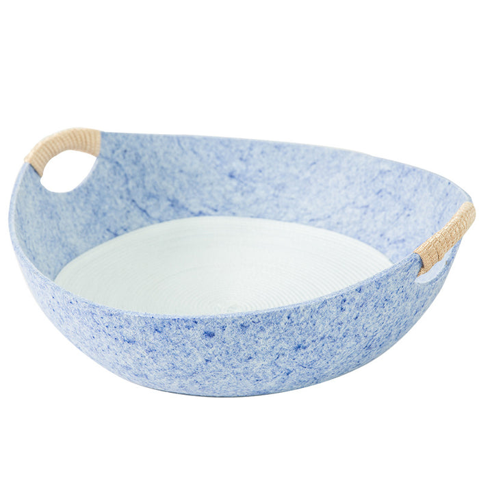 Blue speckled pet bowl with woven handles for dog or cat food and water