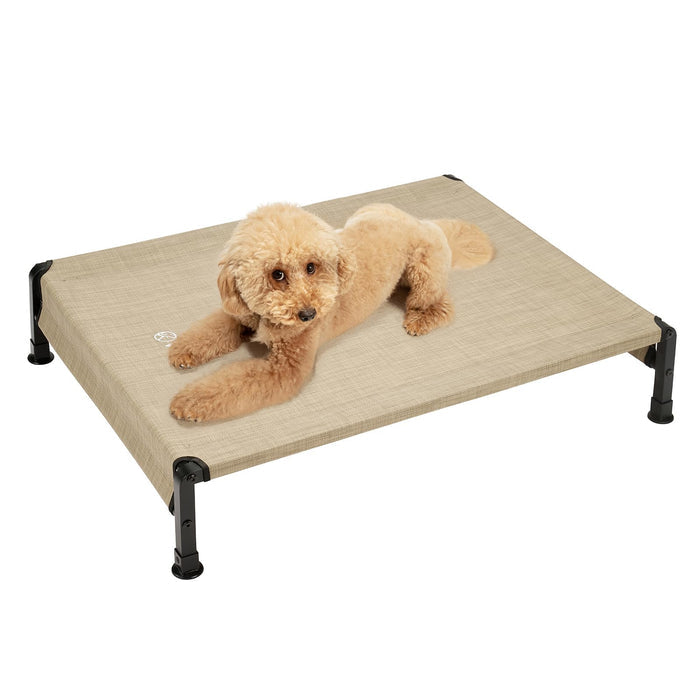 Cozy beige elevated dog bed with black legs, perfect for small dogs like poodles, offering comfort and airflow.