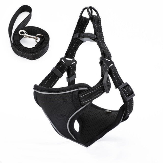 Black dog harness with matching leash, breathable mesh, and reflective stitching for safe walks