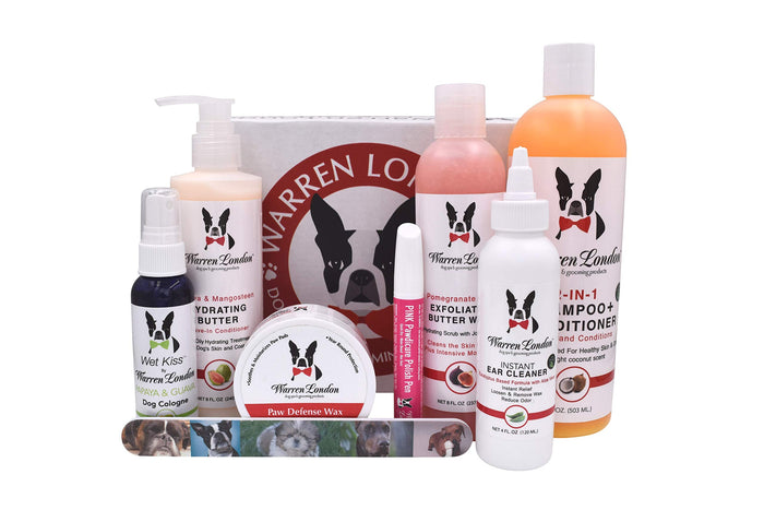 Warren London dog grooming kit with shampoo, conditioner, paw wax, and ear cleaner.