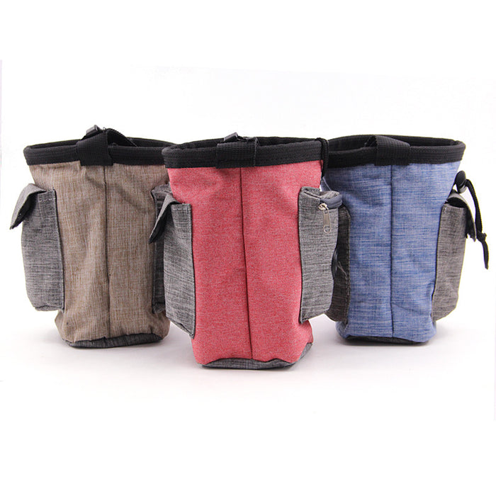 Three colorful pet treat bags in beige, red, and blue with side pockets for dog training essentials