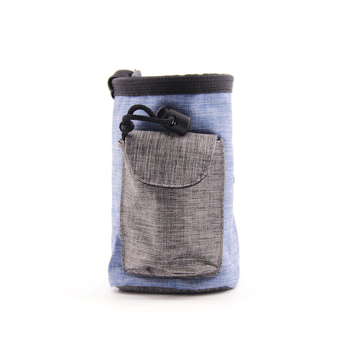 Blue and gray pet treat pouch with front pocket and drawstring closure for dog training