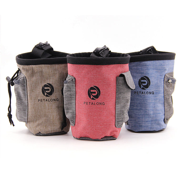 Petalong pet treat bags in gray, red, blue — durable dog training pouches with side pockets