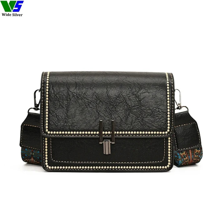 Wide Silver Vintage Women's PU Leather Messenger Bag