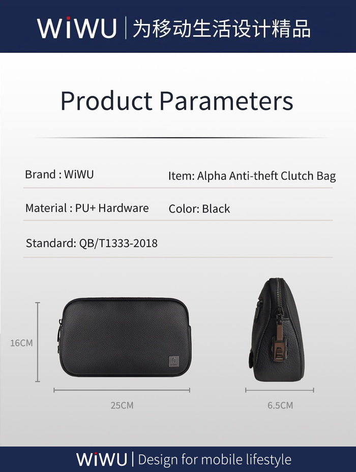 WiWU Men's Business Handbag with Fingerprint Lock – Waterproof PU Leather Anti-Theft Clutch Bag