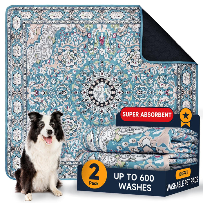 Super absorbent washable pet pads with ornate blue floral design, 2-pack for dogs, up to 600 washes