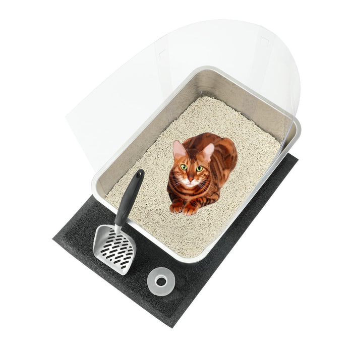Cat litter box with cover, scoop, and mat for cats, featuring a Bengal cat inside