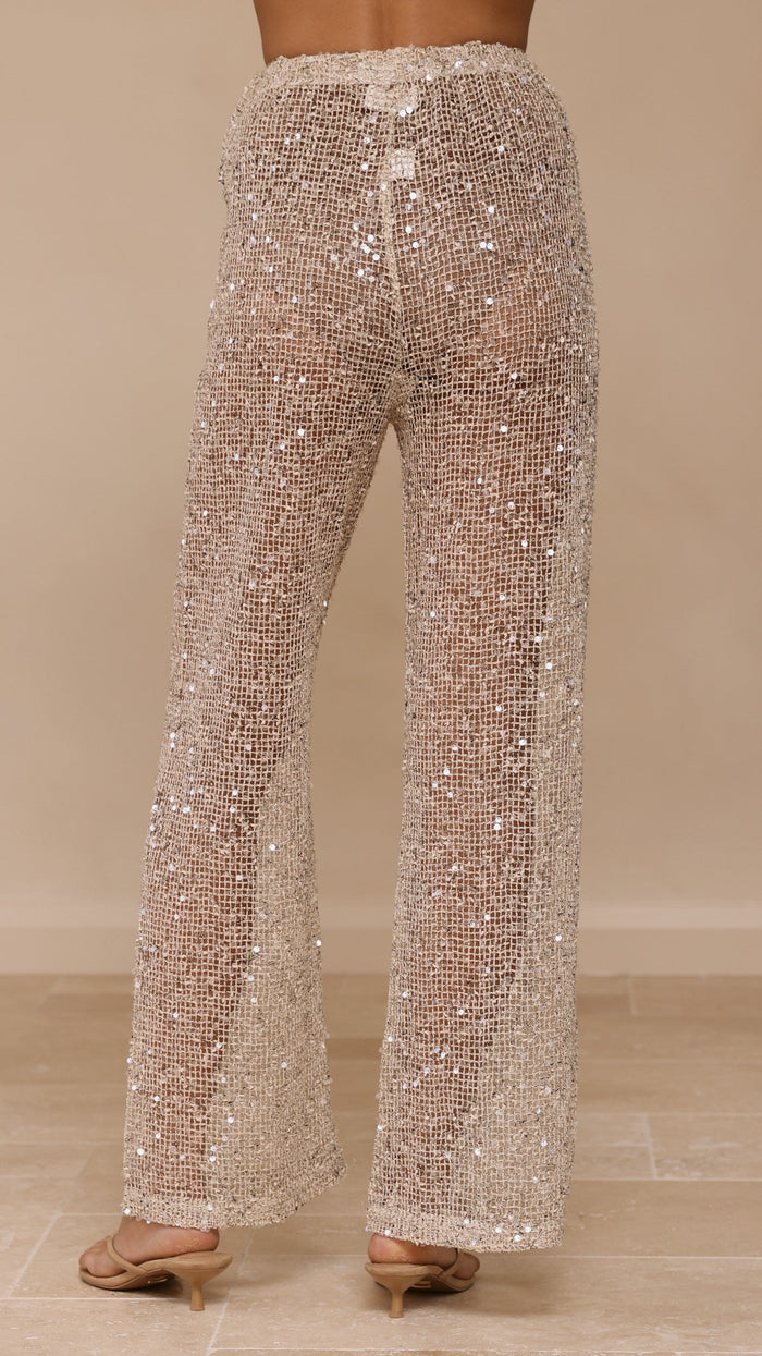 Zarina Sequin Long Line Top and Pants Set - Beige