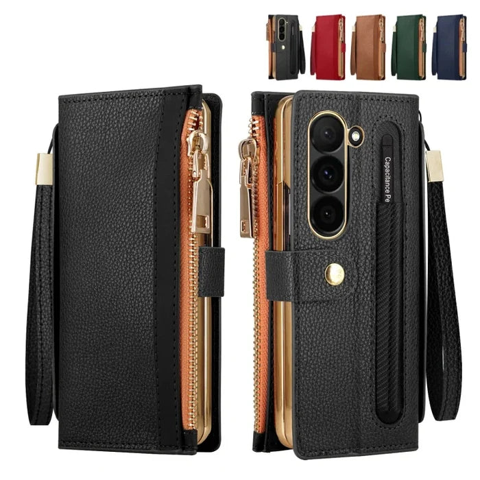 Zipper PU Leather Wallet Card Slots With Pen Solt Stand Case