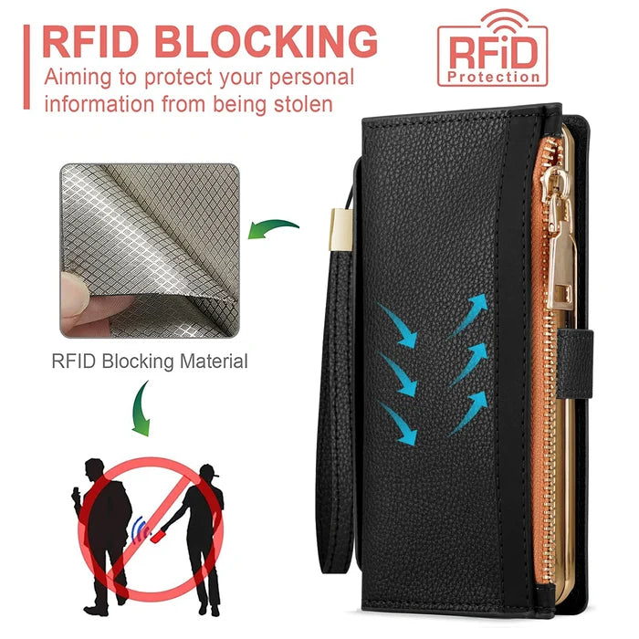 Zipper PU Leather Wallet Card Slots With Pen Solt Stand Case