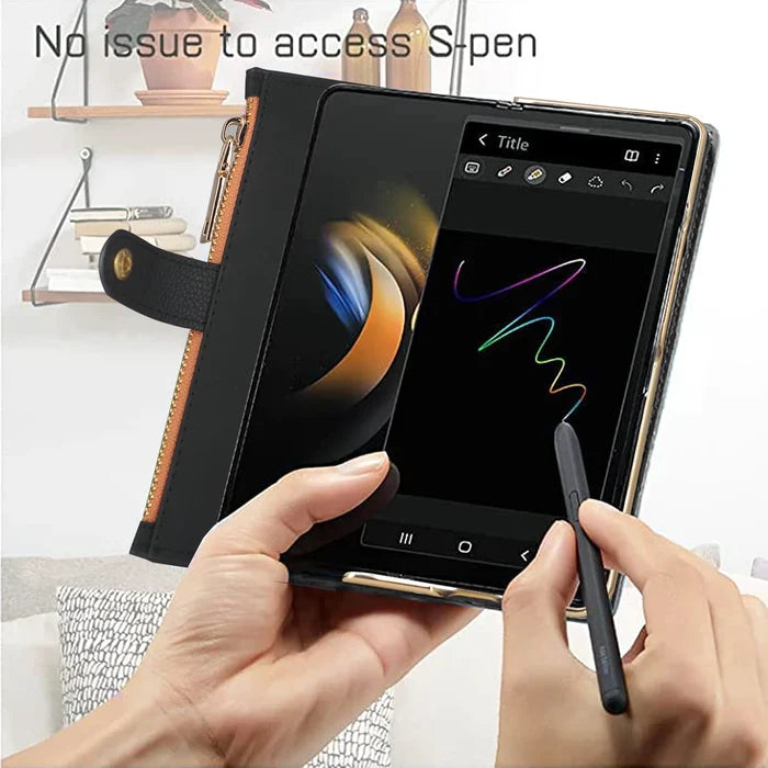 Zipper PU Leather Wallet Card Slots With Pen Solt Stand Case